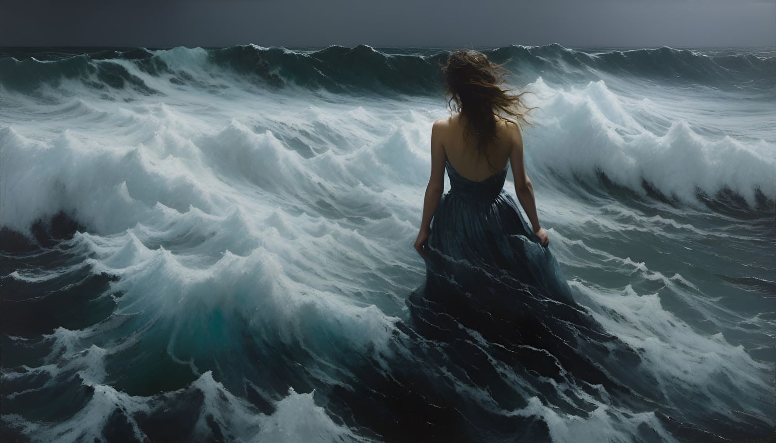 Melting Woman in Ocean Tempest, Surreal Photorealism