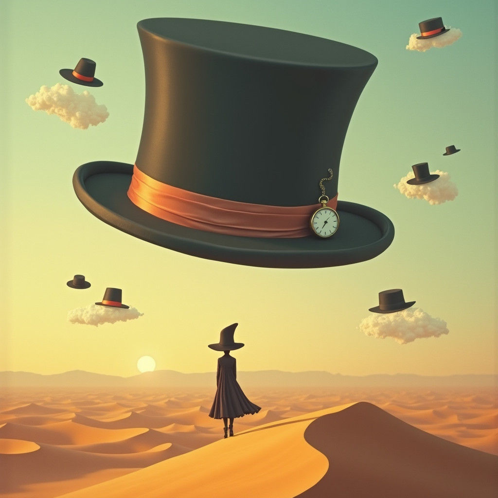 Surreal Desert Scene with Floating Top Hat