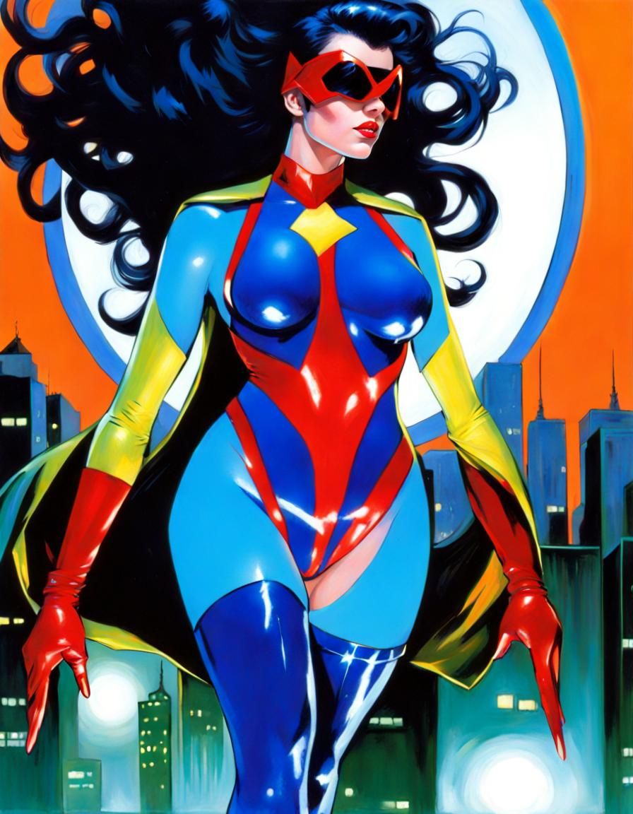 Superheroine in Latex Bikini, Acrylic Painting Style