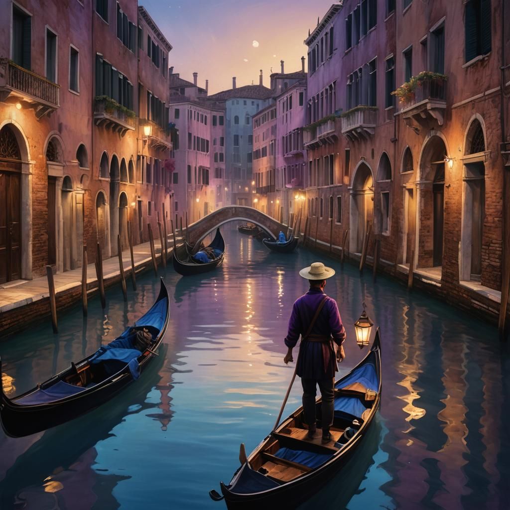 Venetian Gondolier at Night: Hyperrealistic Oil Painting