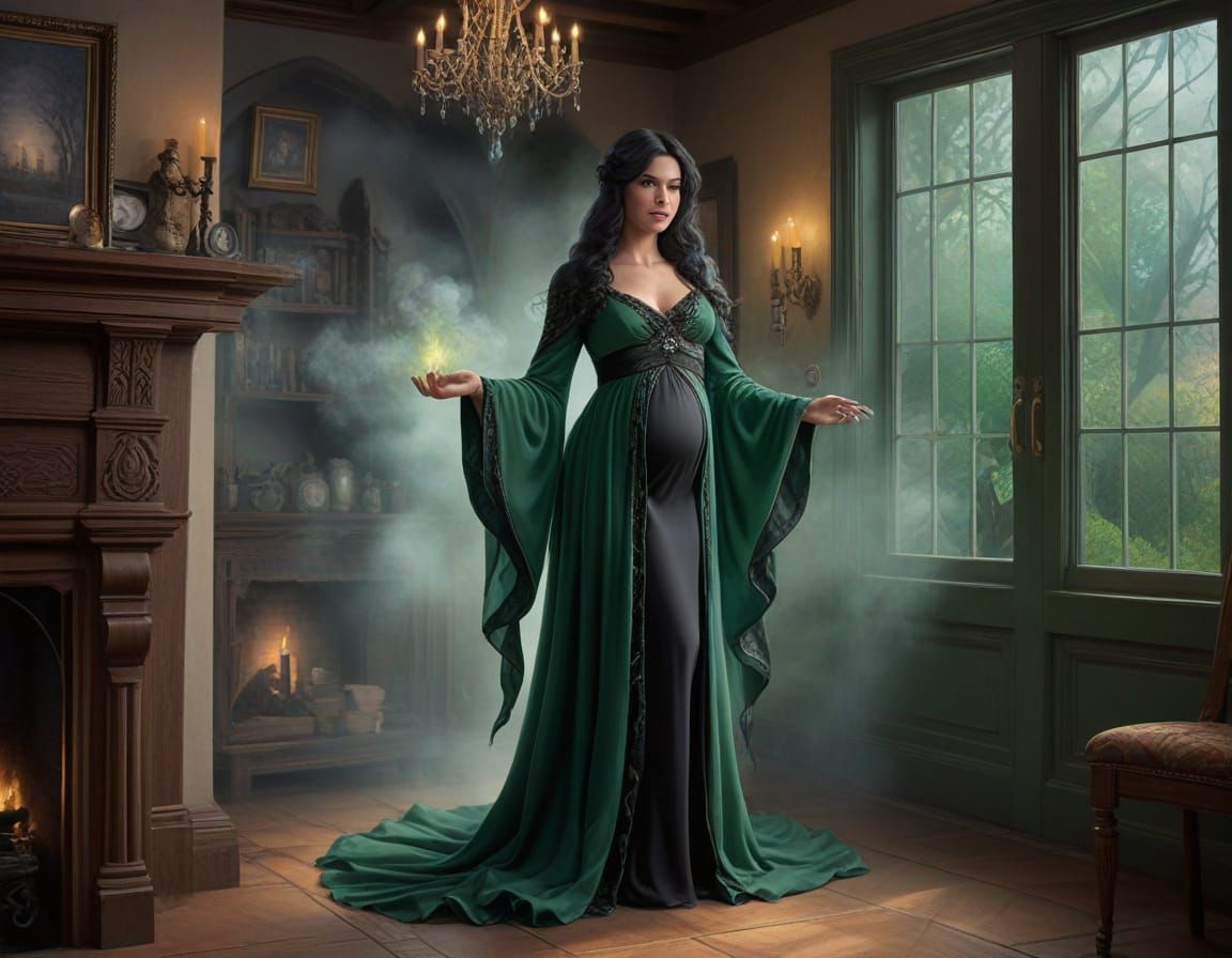 Ethereal Fantasy Witch Casting Magic in Whimsical Abode