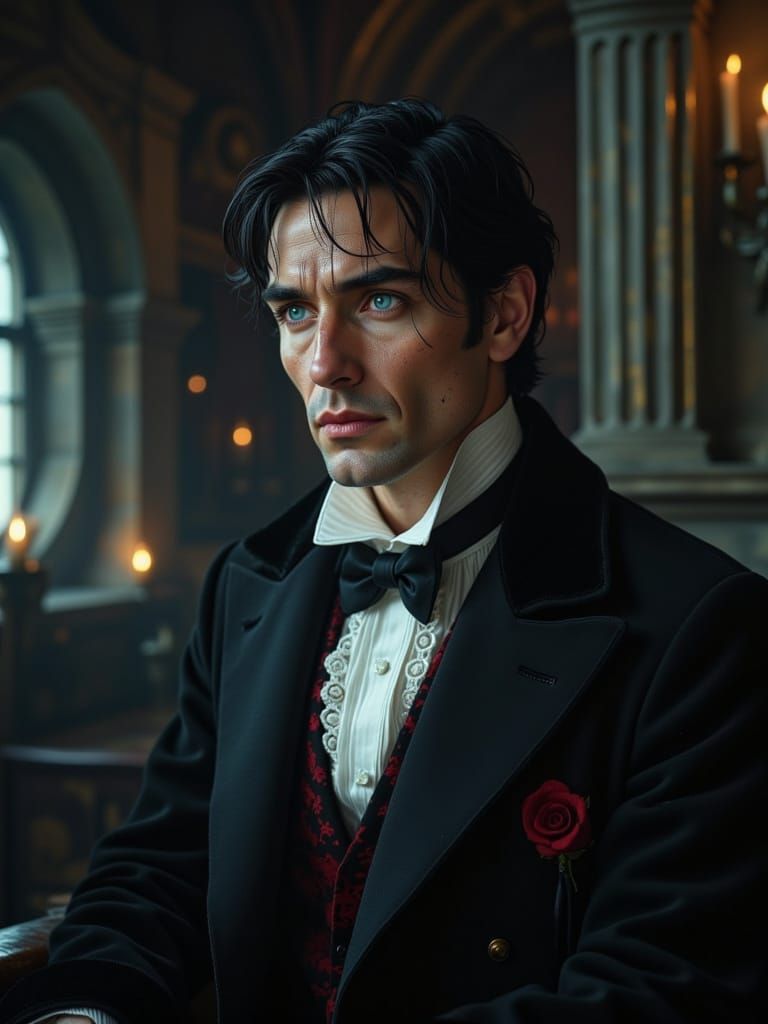 Victorian Vampire with Intense Gaze in Gothic Setting