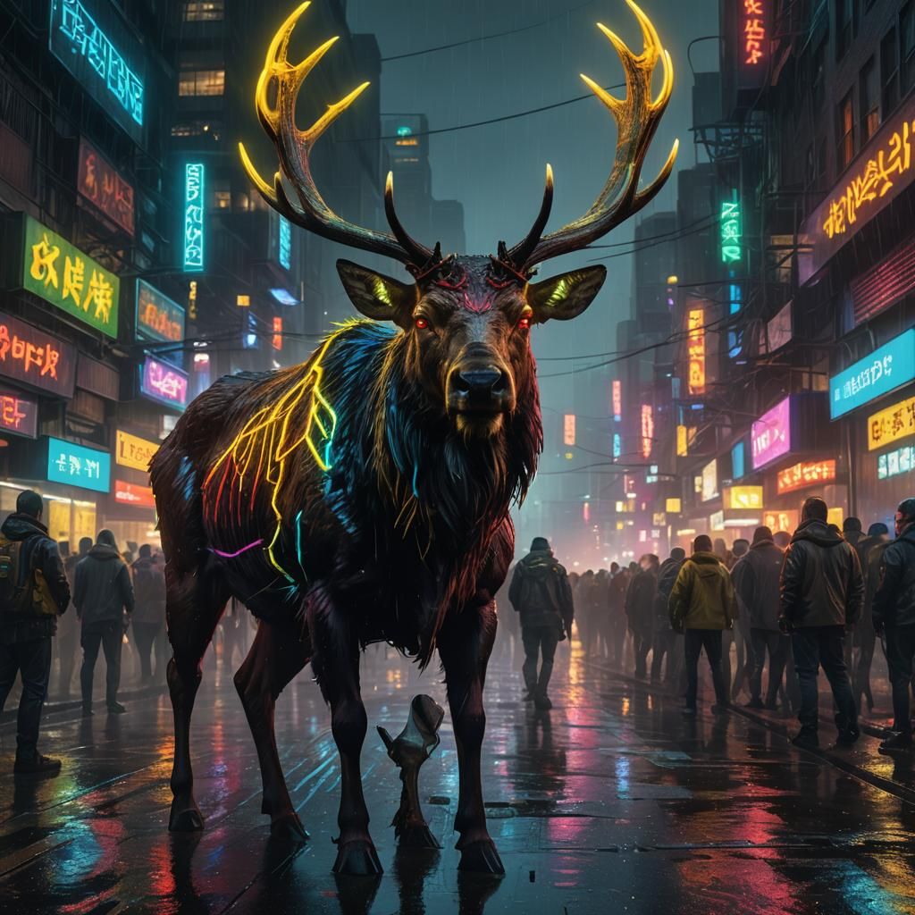 Menacing Neon Elk Devouring People in Cyberpunk Cityscape