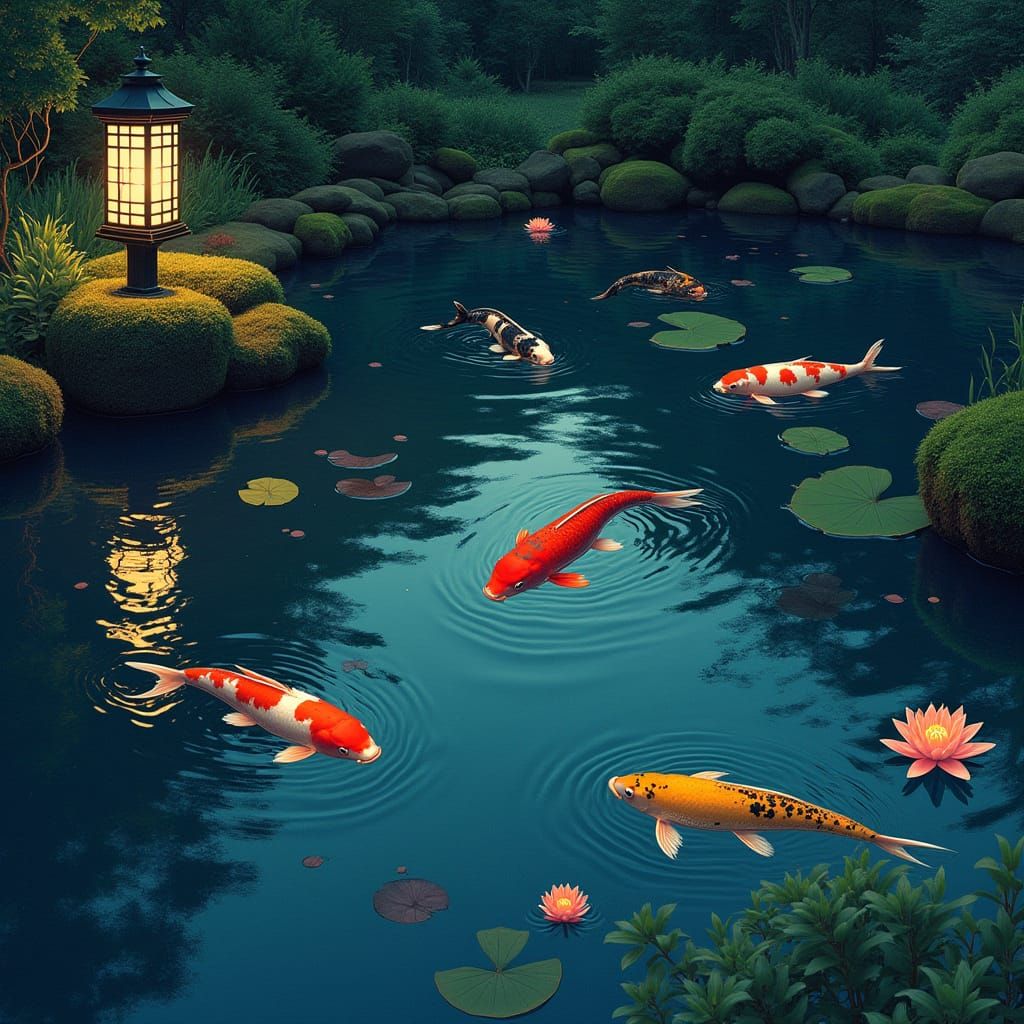 Tranquil Koi Pond at Twilight in Woodblock Style