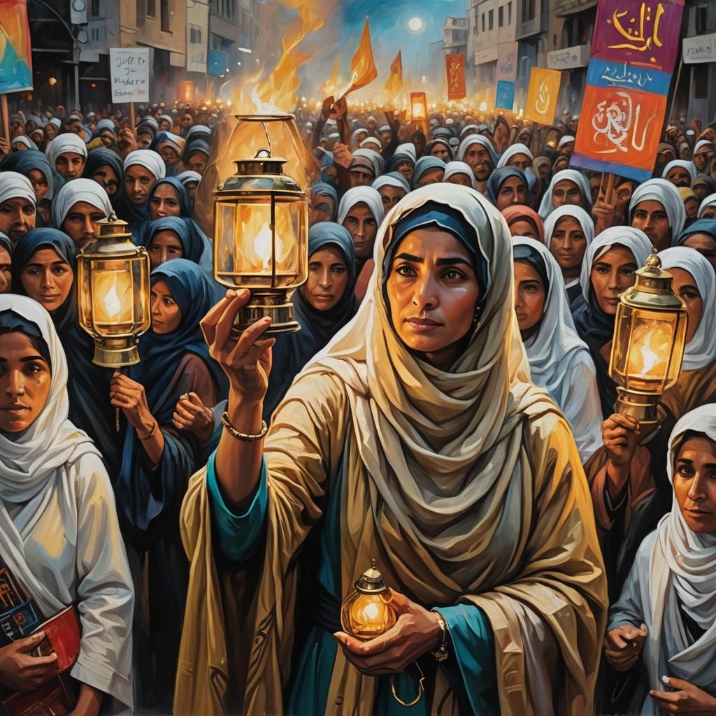 Woman with Lantern at Protest: Oil Painting