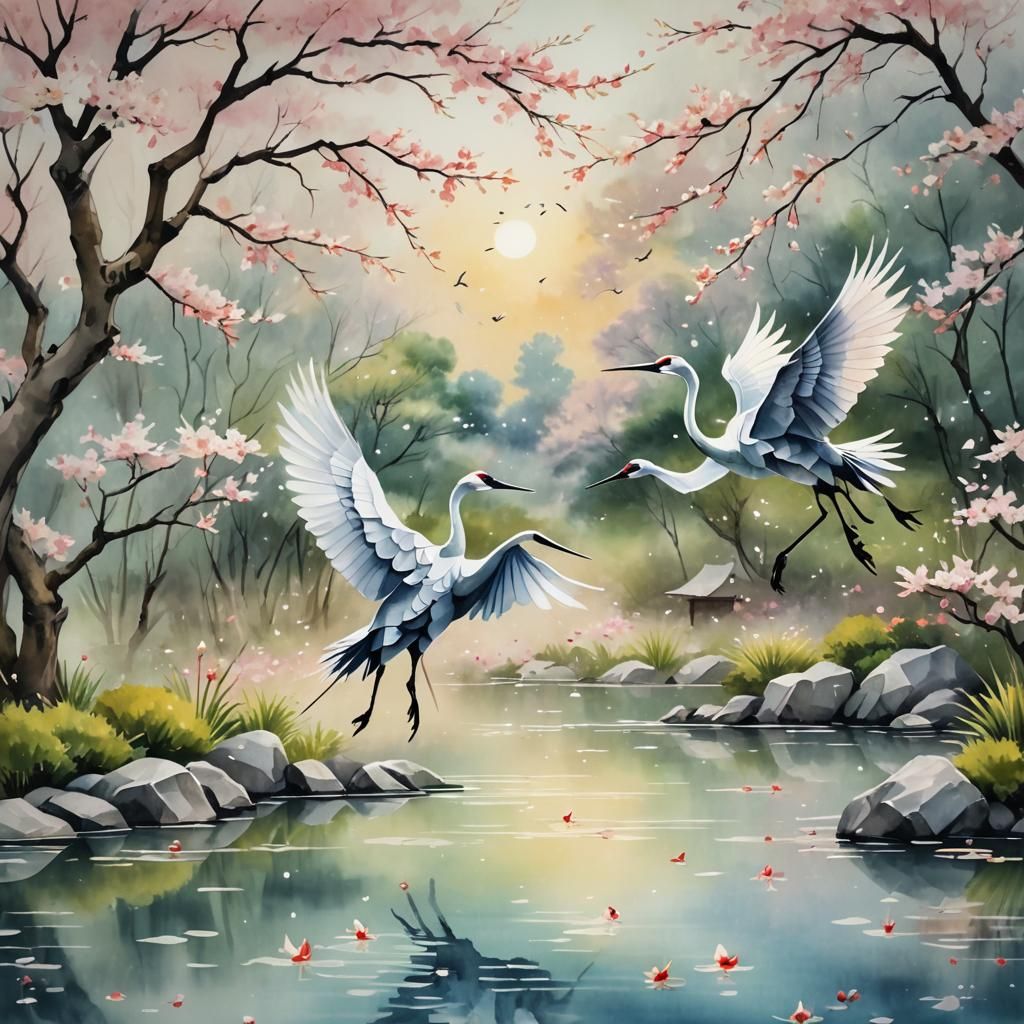 Delicate Origami Crane in Watercolor Painting