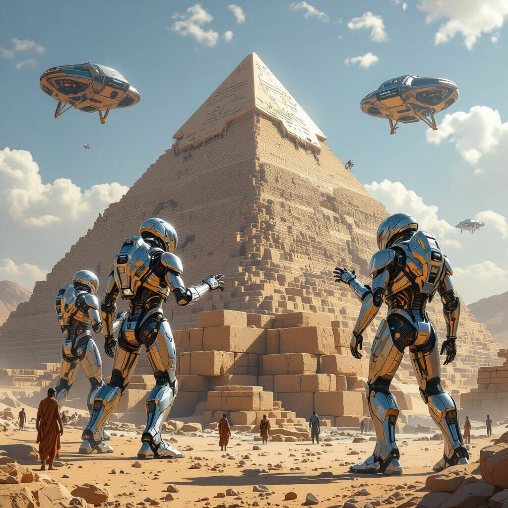 Robots Build a Pyramid in Futuristic Style