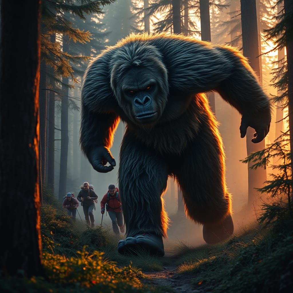 Sasquatch Chase Through Misty Woodland