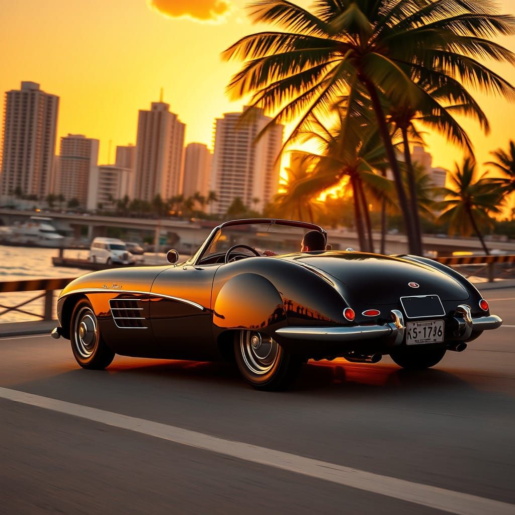 Vintage Sports Car Cruises Miami Beach at Sunset