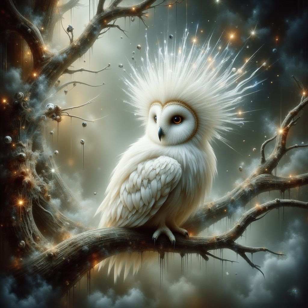 Regal White Owl with Elaborate Hairdo