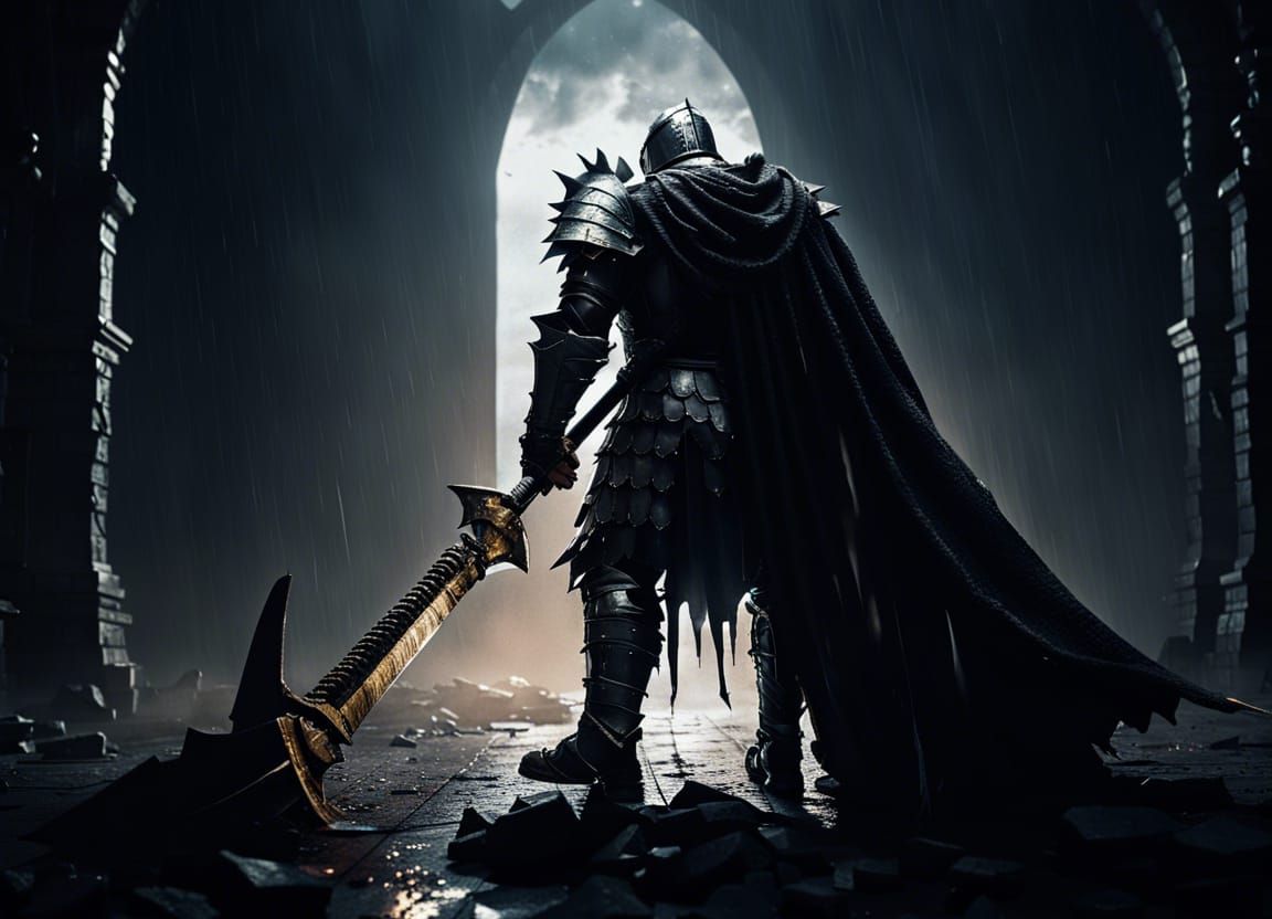 Dark Fantasy Knight with Serrated Axe in Ruined Castle