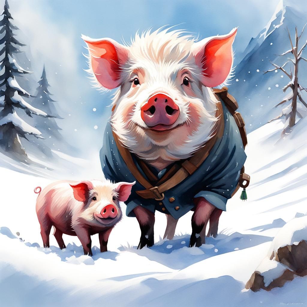 Cute Hog and Pig in Snowy Watercolor Painting