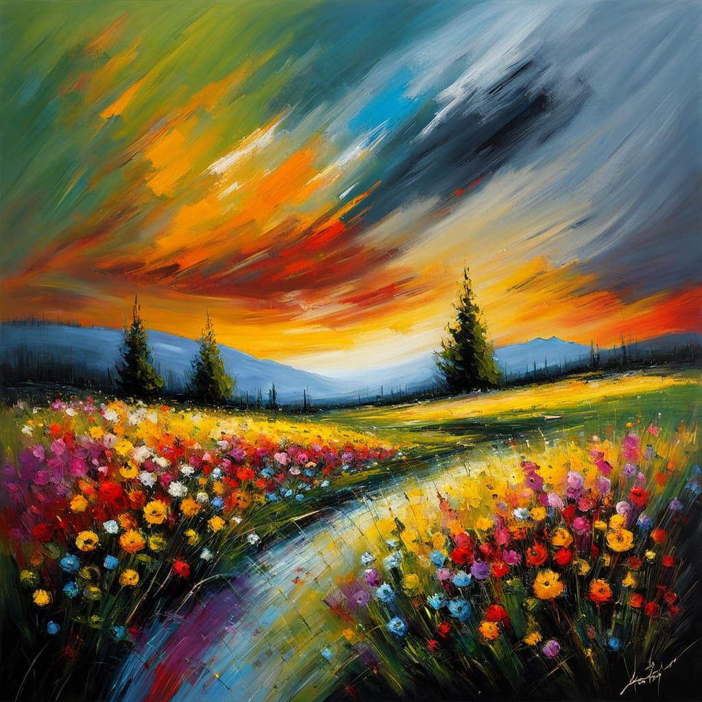 Violent Storm Over Calm Meadow in Dynamic Brushwork Style