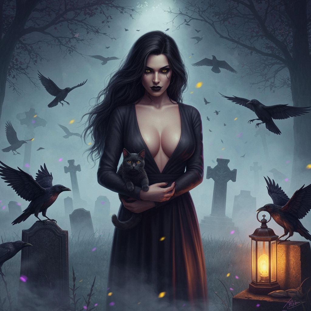 Dark Fantasy: Woman with Cat in Graveyard
