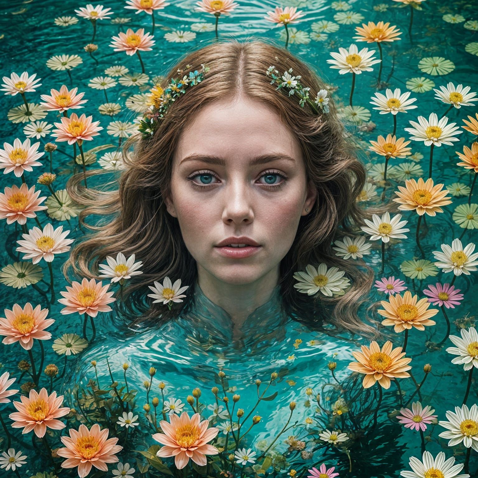 Hyper Realistic Ophelia Surrounded by Vibrant Tahitian Flowe...