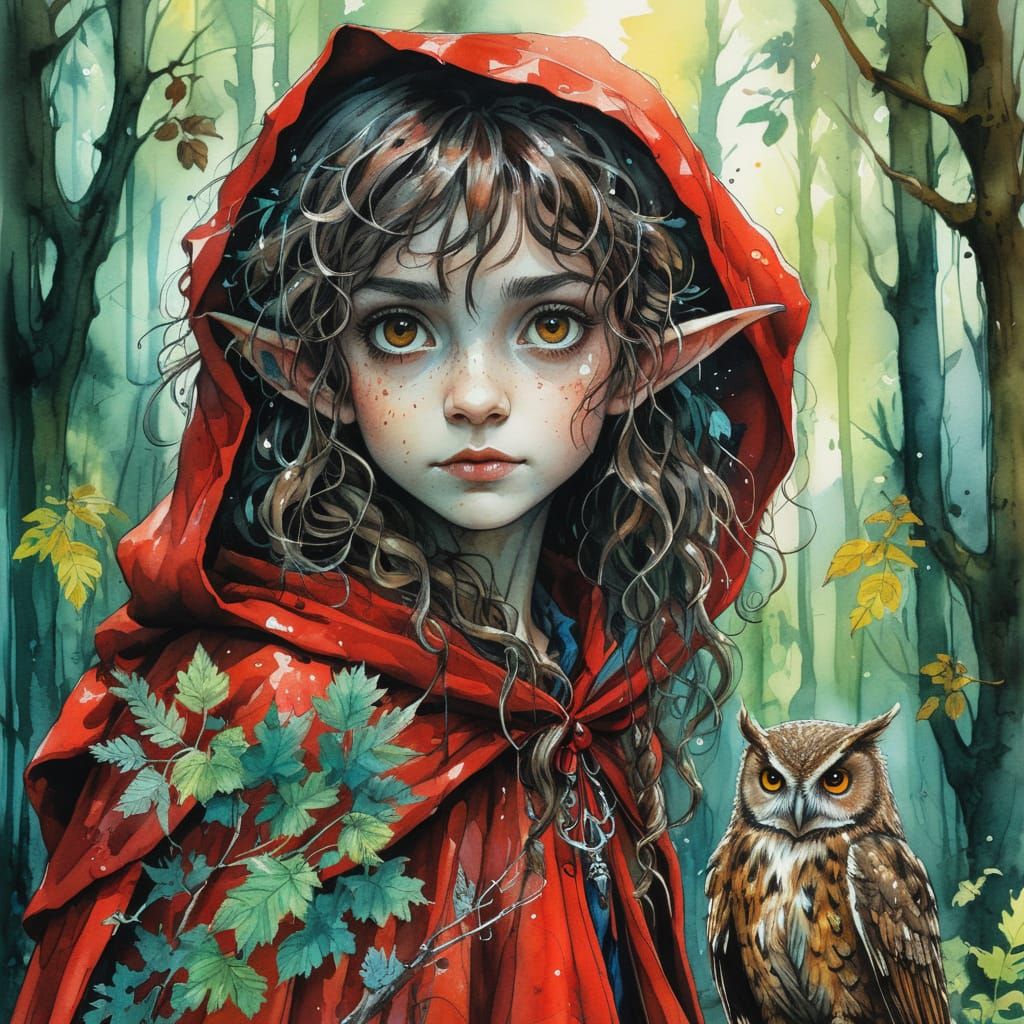 Elf in Red Cloak, Watercolor Illustration