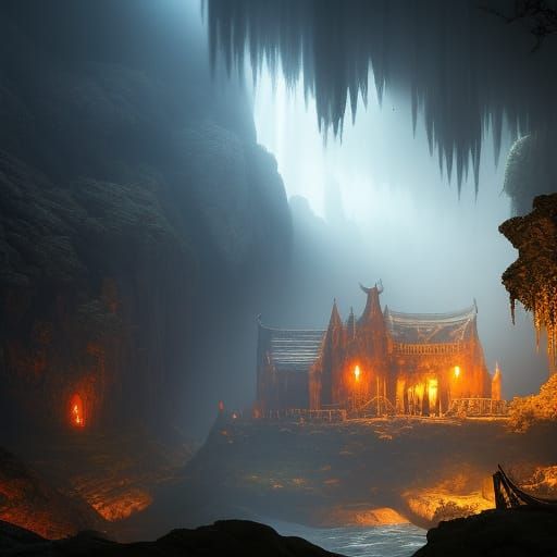 Eerie Cave of Glowing Eyes: A Gothic Horror Landscape