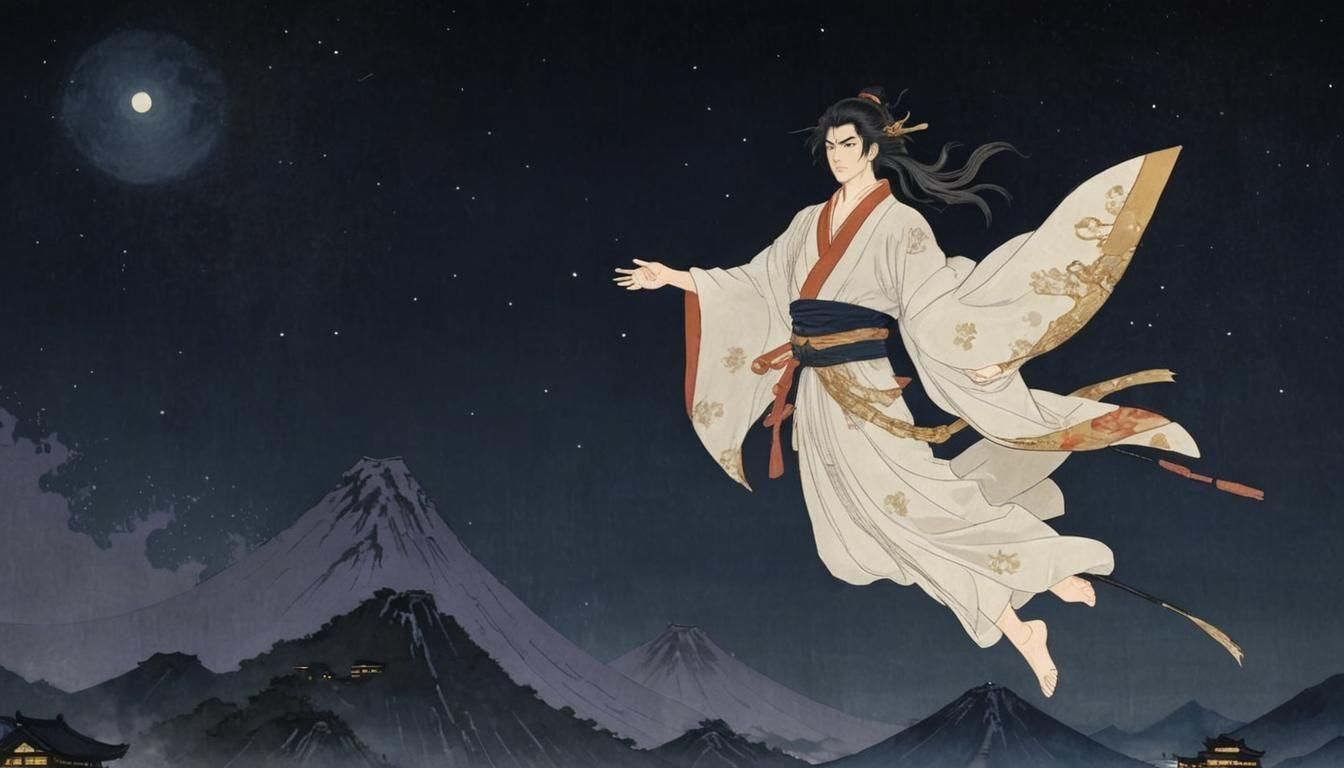 Kami Flies at Night in Japanese Art Style