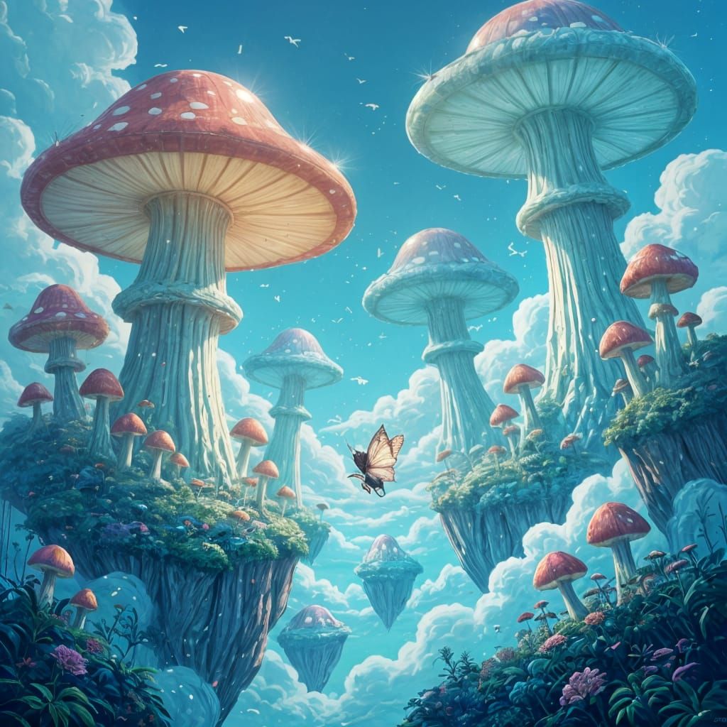 Giant Bioluminescent Mushrooms on Floating Islands