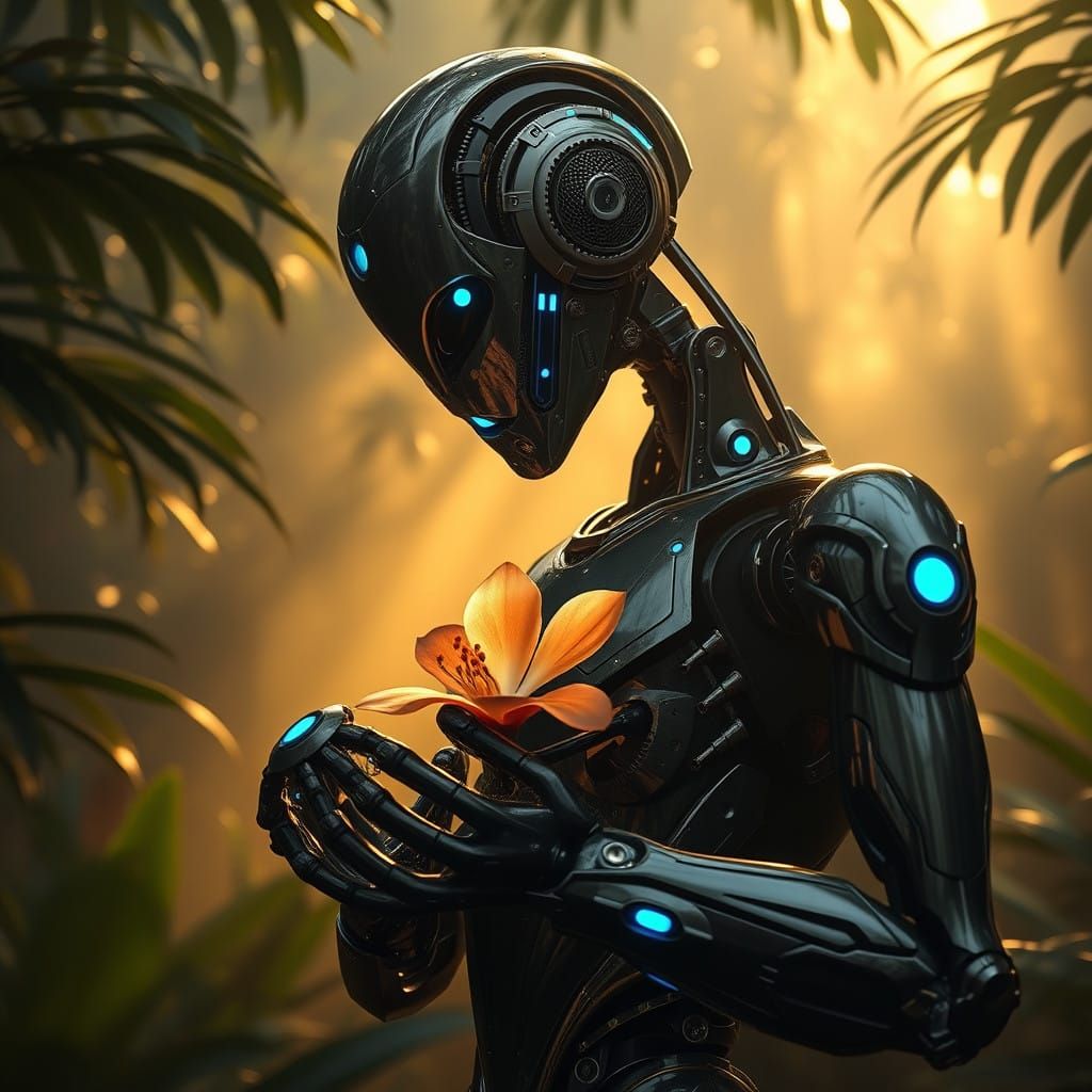 Metallic Robot Holds Exotic Flower in Lush Jungle