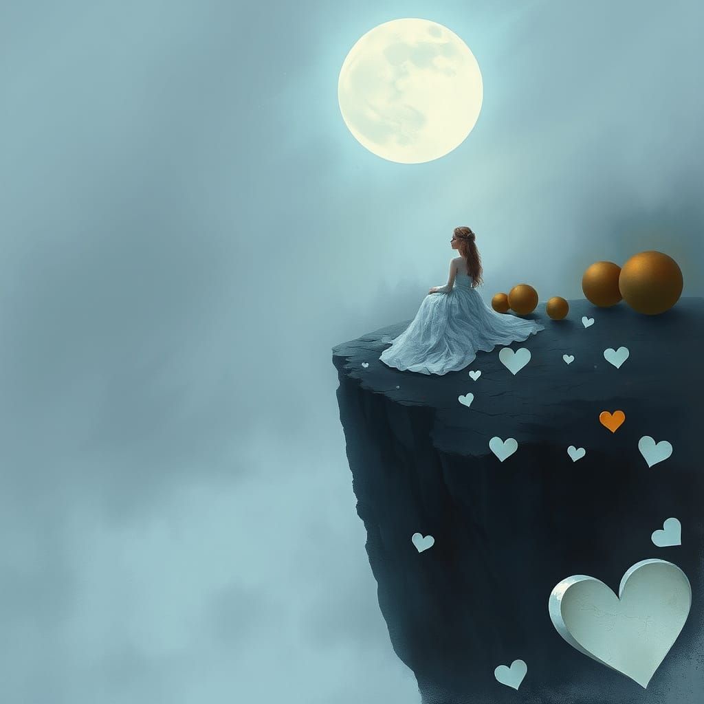 Melancholic Watercolor Cliff Scene with Shattered Hearts