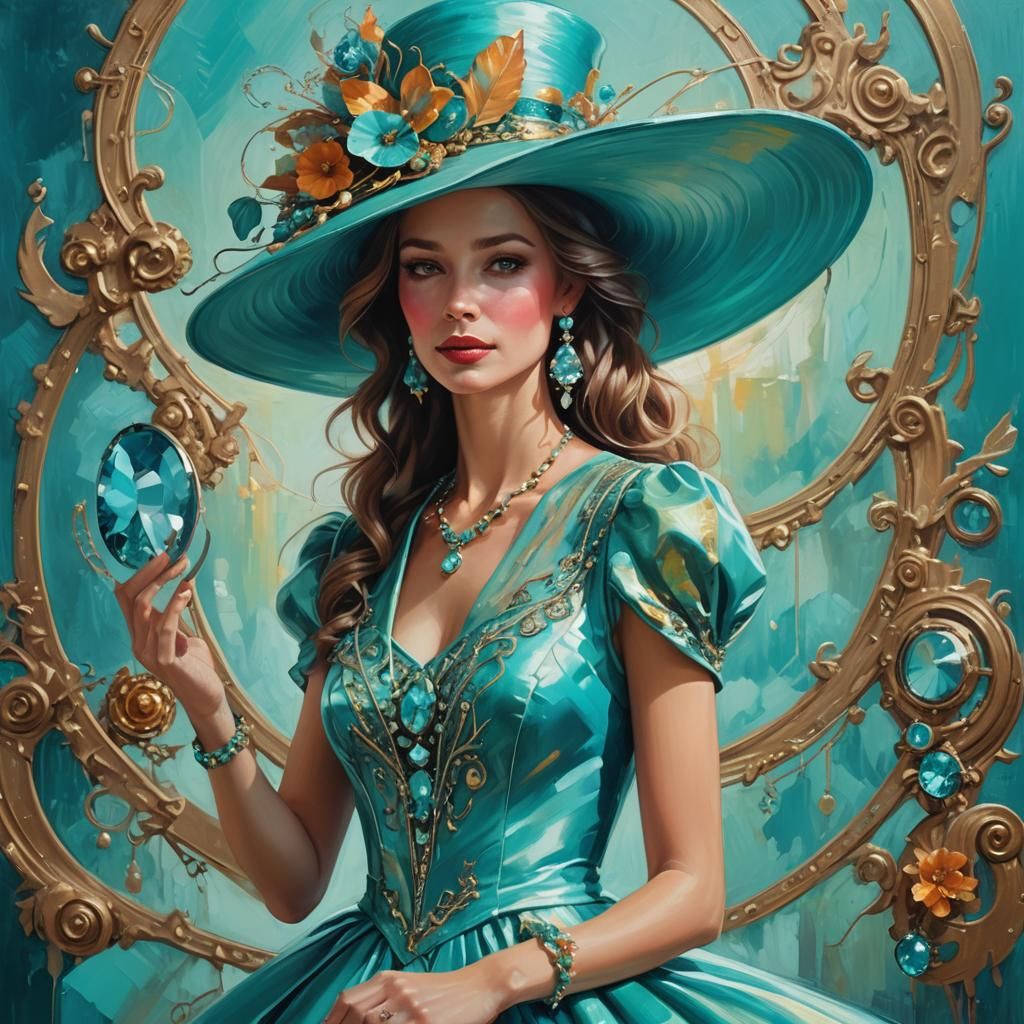 Whimsical Woman in Turquoise Gown: Fantasy Portrait