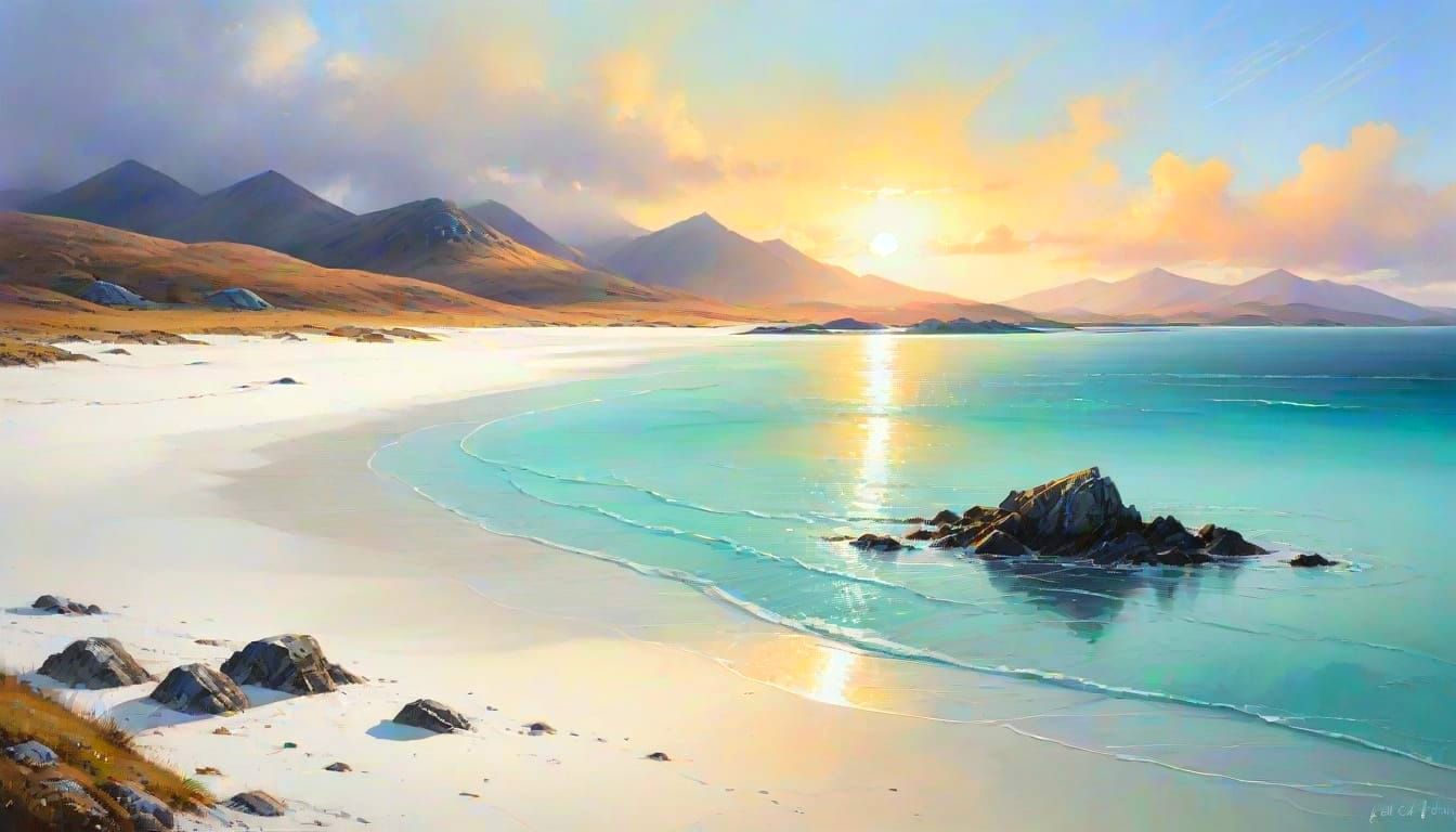 Sunrise at Luskentyre: Watercolour Beach Scene