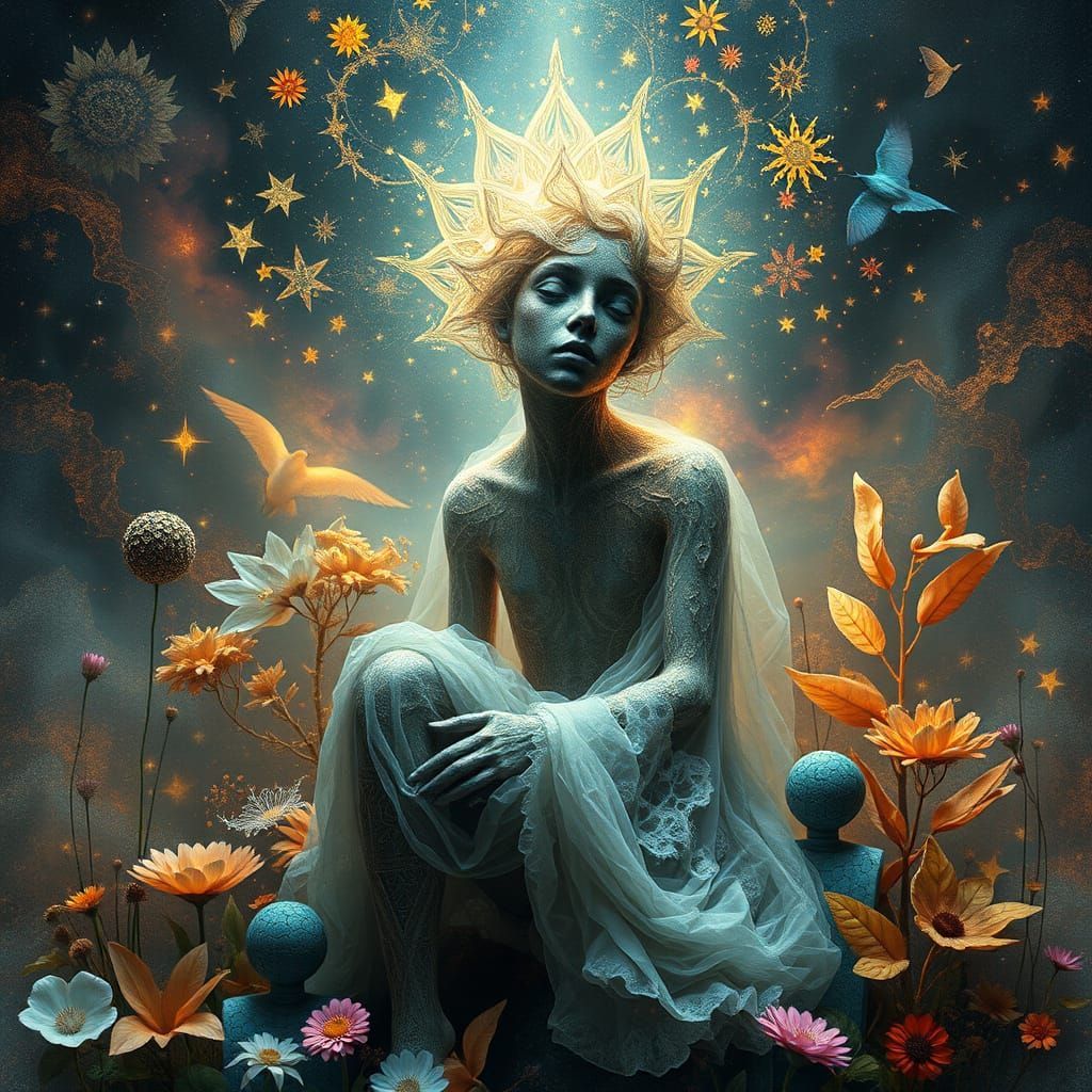 Surreal Cosmic Being Embodies Harmony with Nature and Spirit