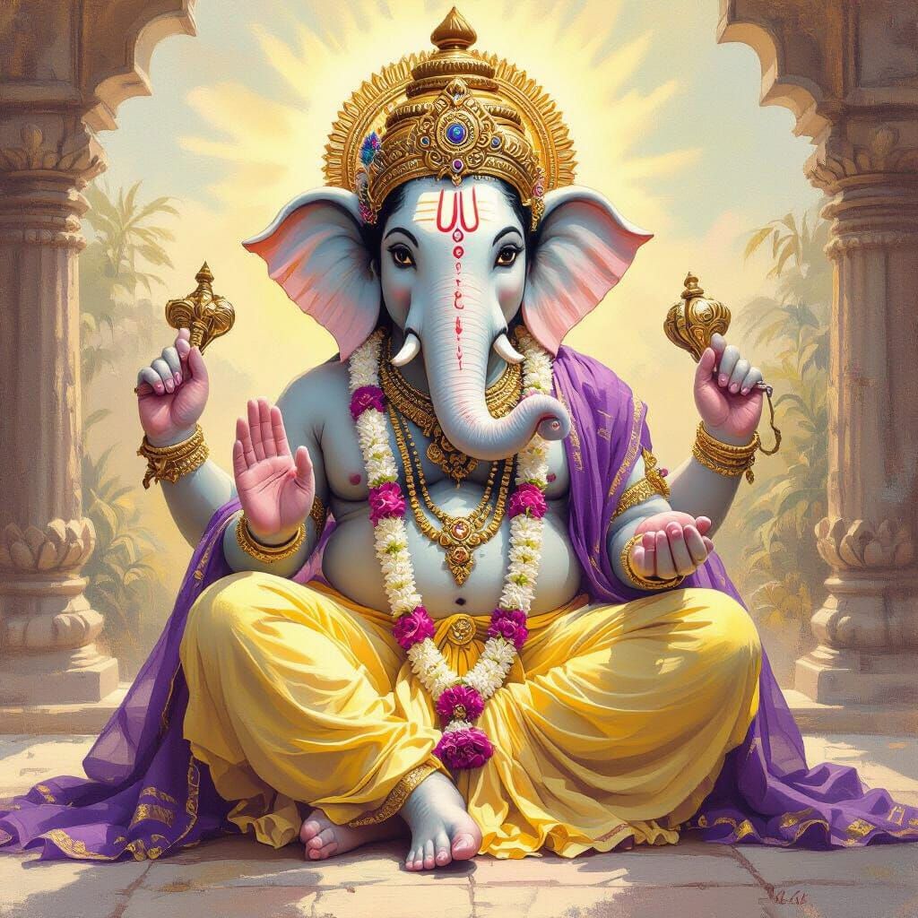 Ganpati Bappa in Pastel Dhoti, Oil Painting Style