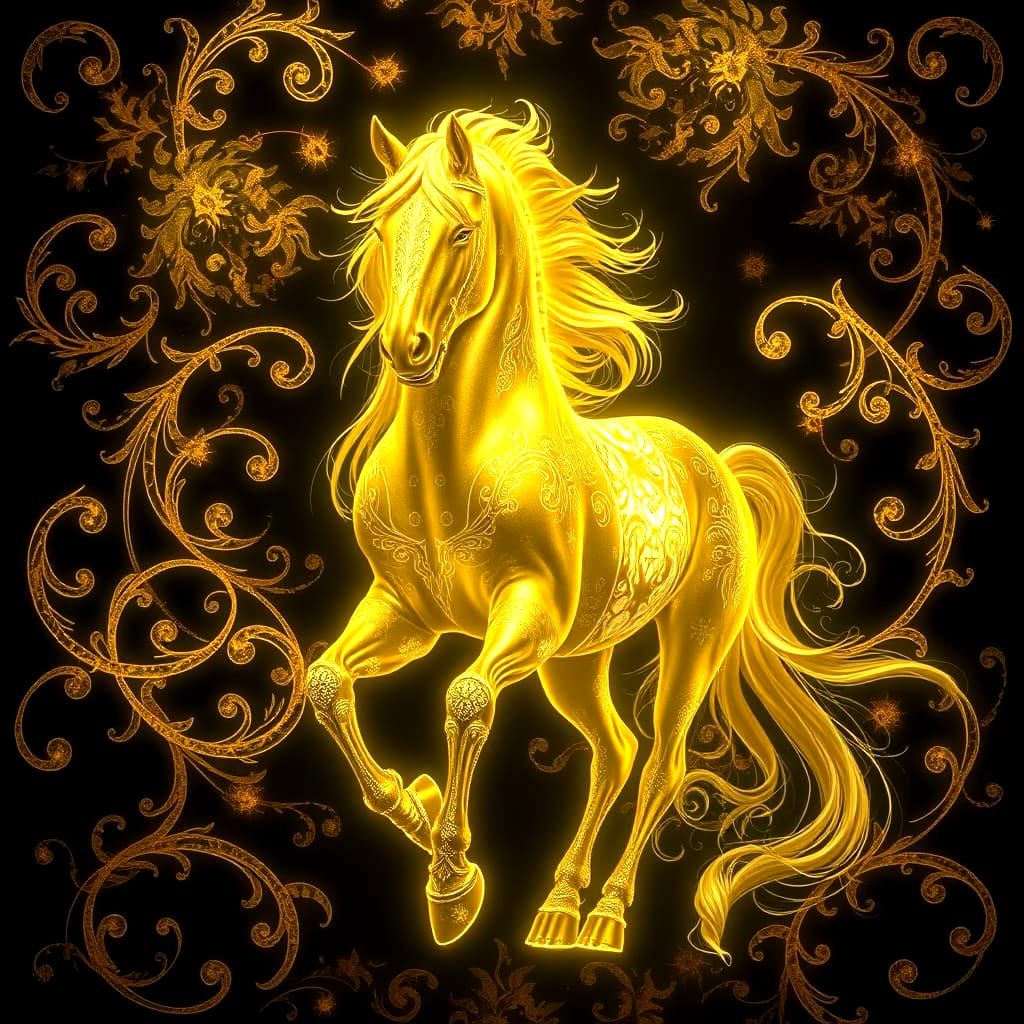 Ethereal Bioluminescent Horse with Golden Filigree Designs