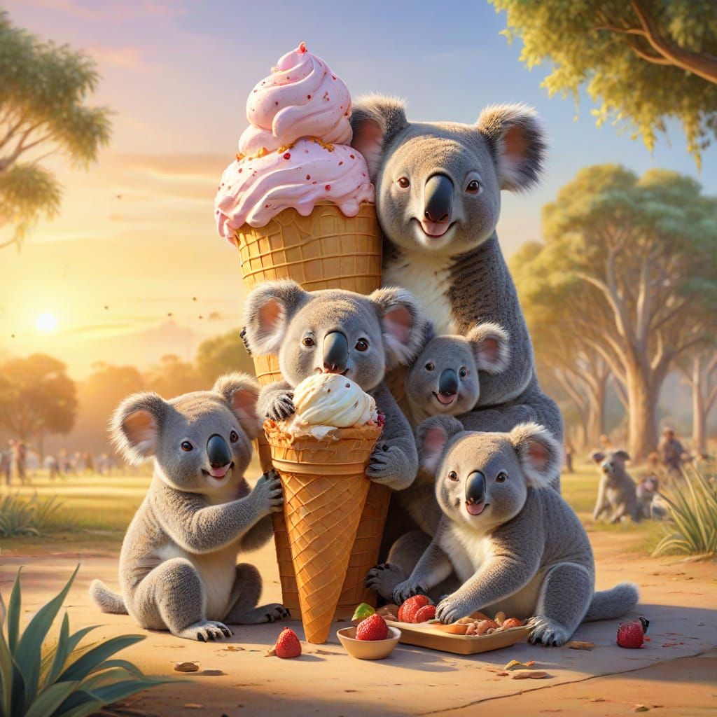 Koalas Picnic Under Ice Cream, Watercolor Art