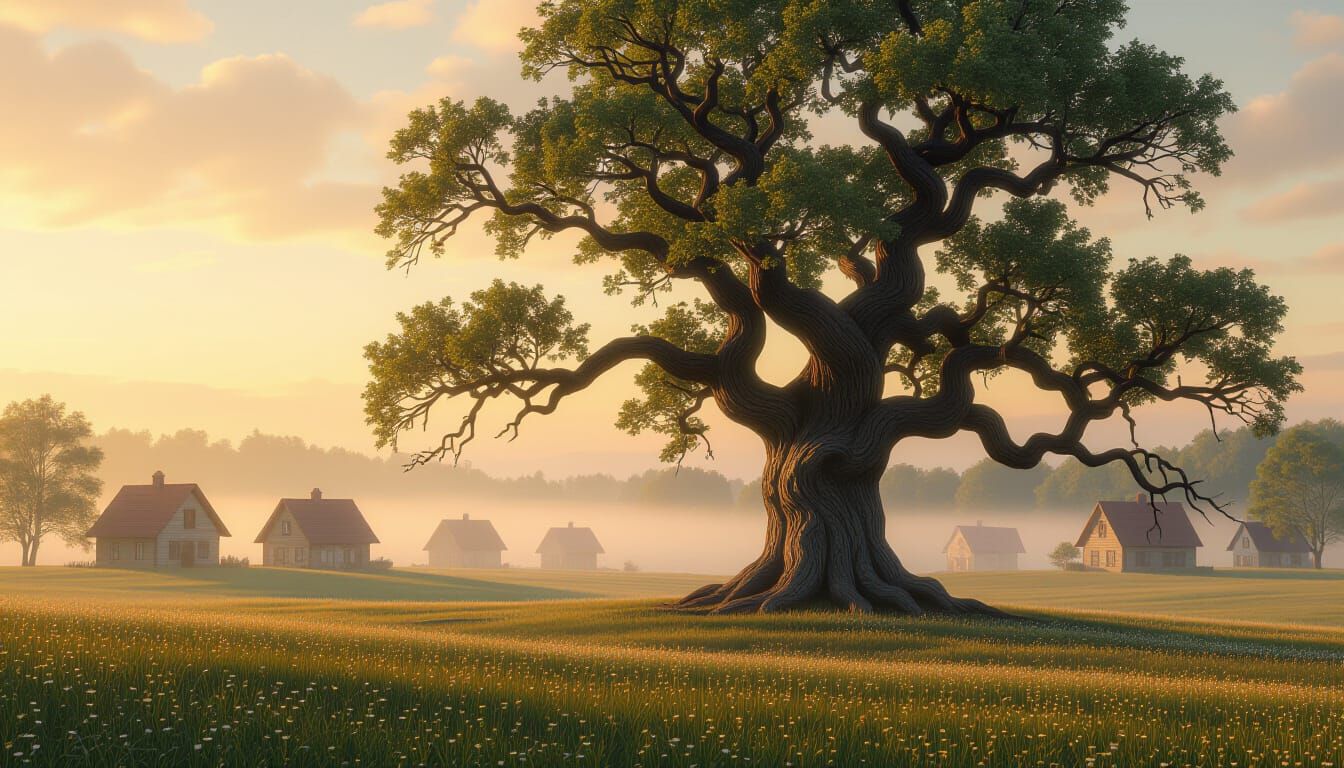 Majestic Ancient Oak Tree in Misty Meadow at Dawn