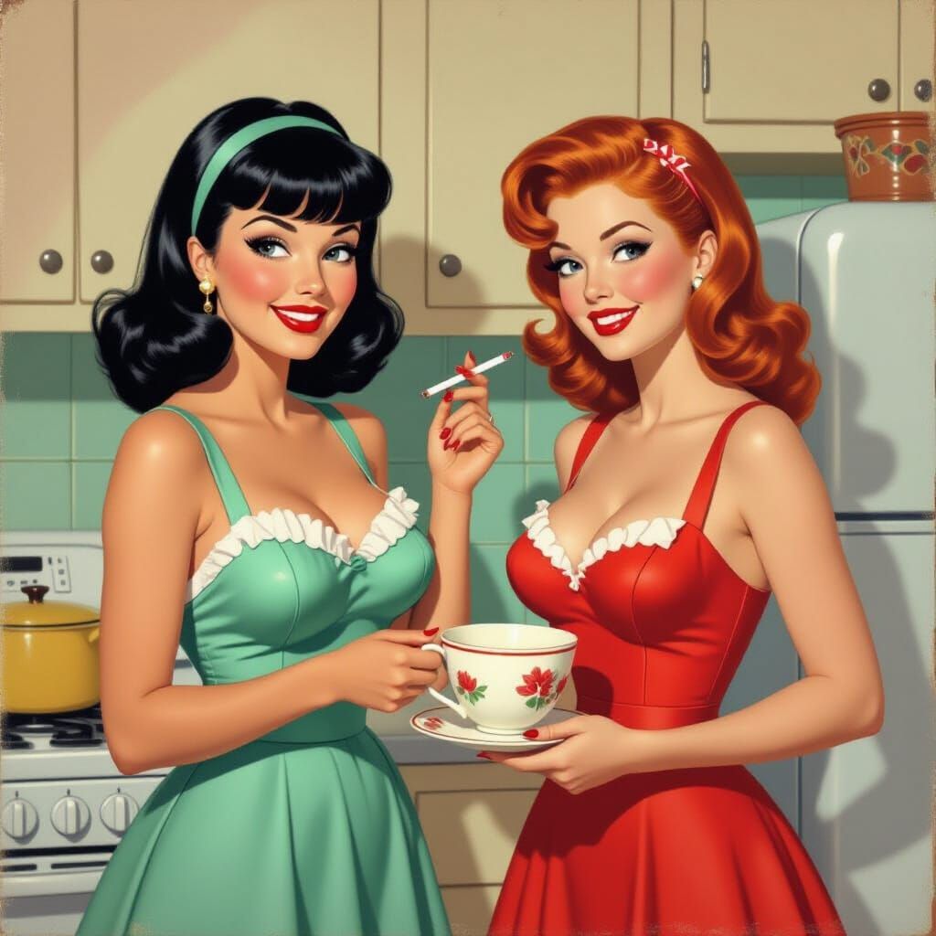 1950s Housewife Smirks Holding Cigarette in Kitchen