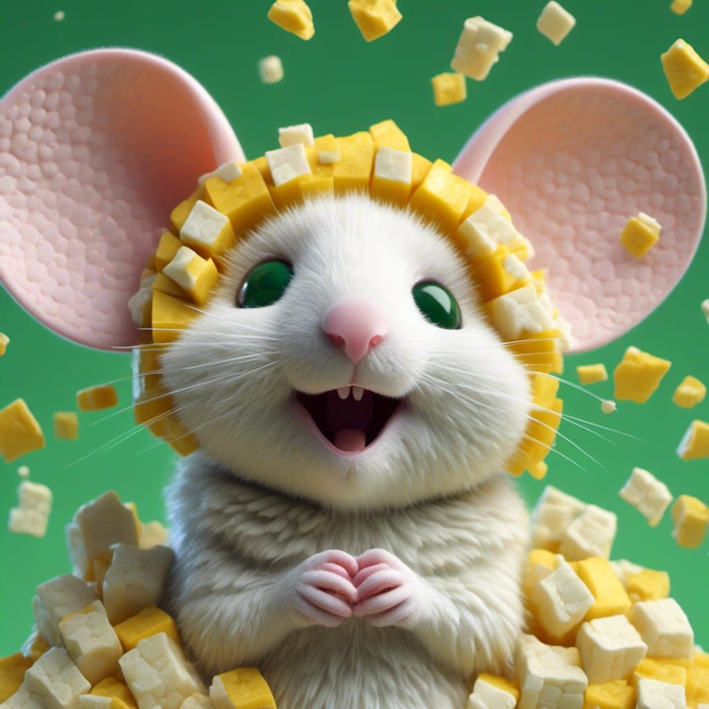 Happy Mouse Creature with Cheese in 3D