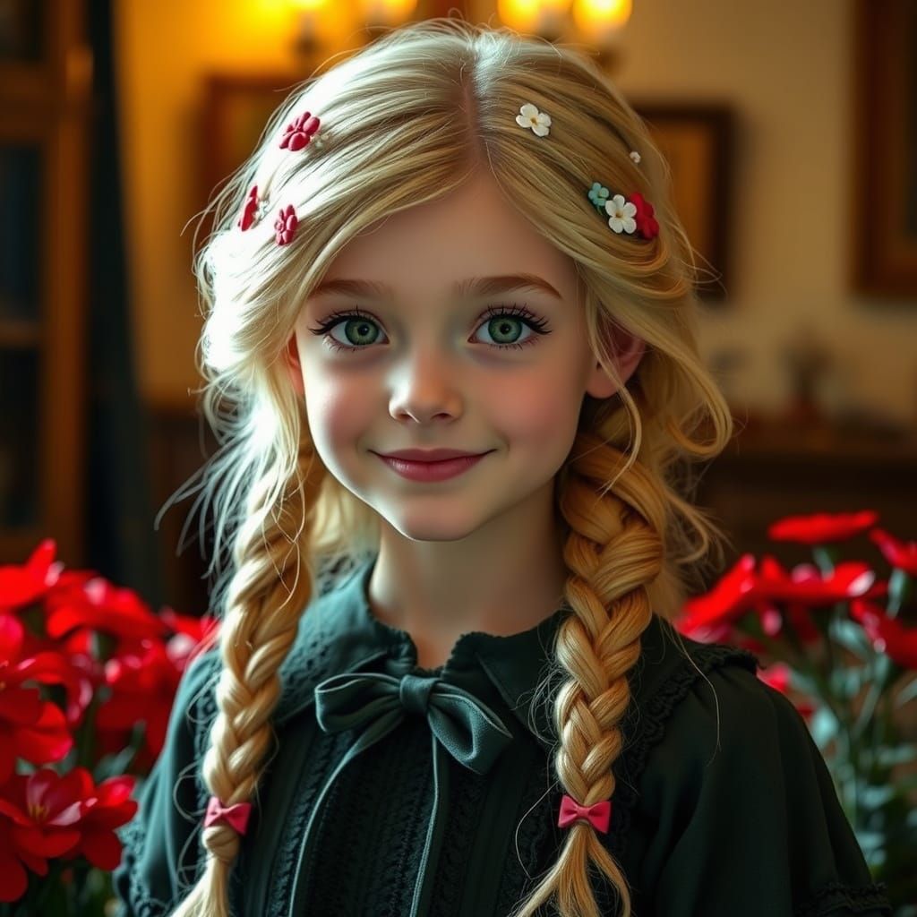 Ethereal Young Woman in Floral Braids, Softly Lit Indoor Sce...