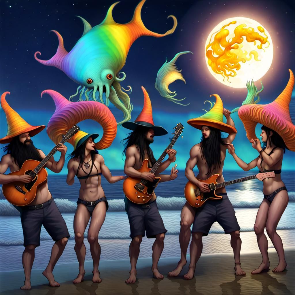 Moonlit Beach Party with Witches and Sea Creatures