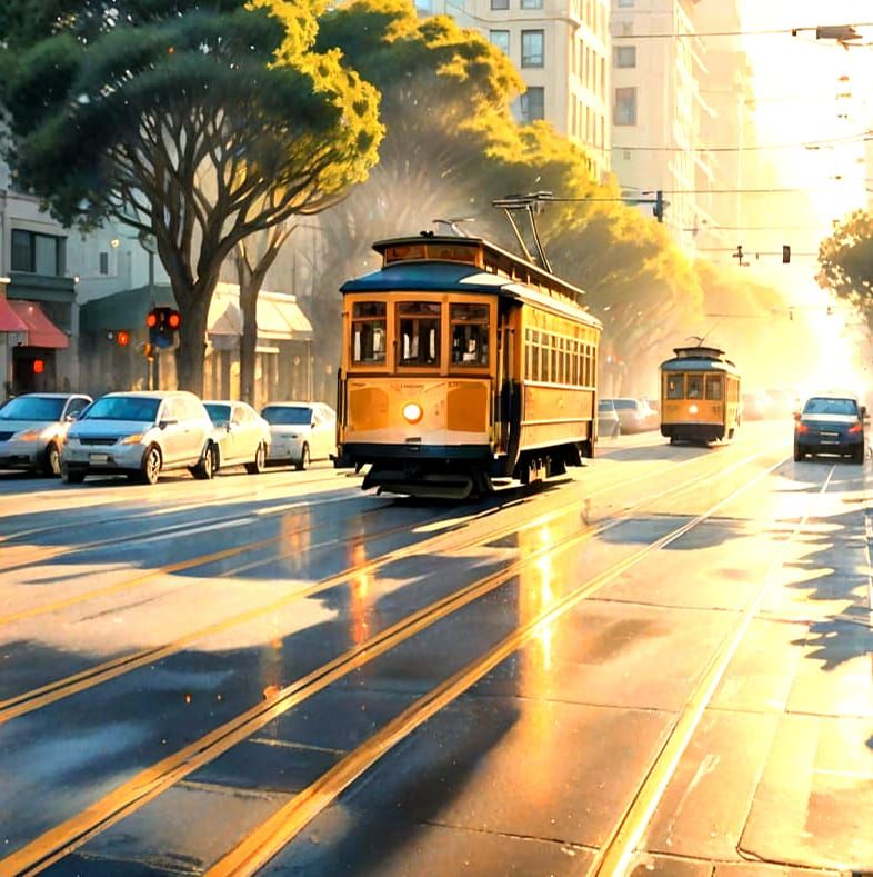 San Francisco Trolley Cars in Surreal Abstract Style