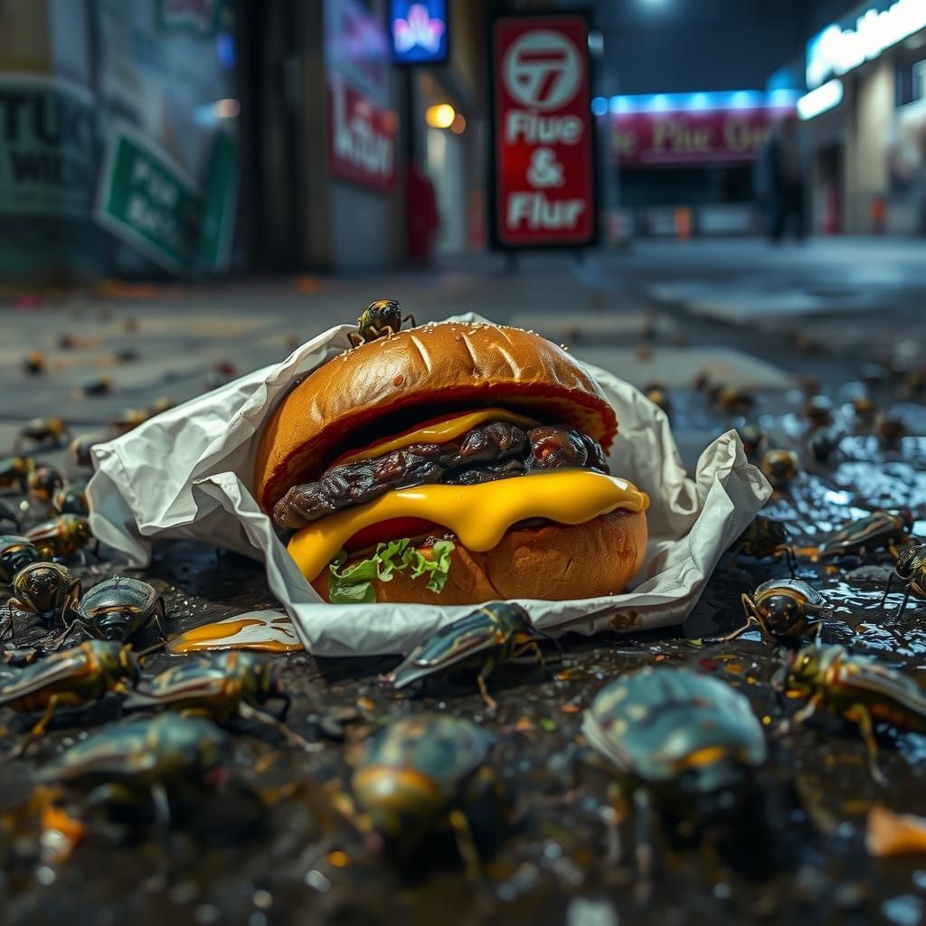 Abandoned Cheeseburger on Sidewalk in Dark Realism Style