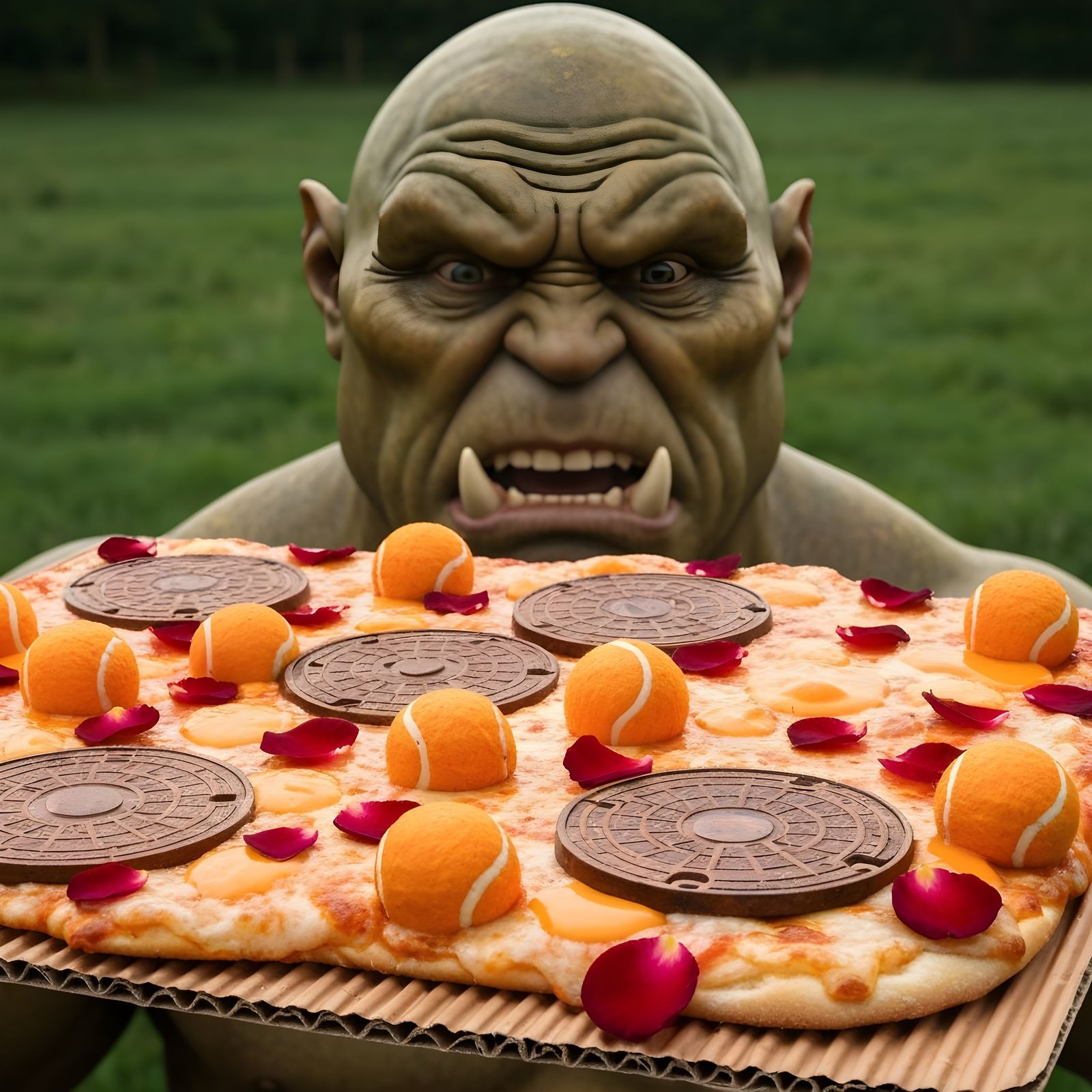 Ogre Approaching Fake Pizza Made of Rose Petals