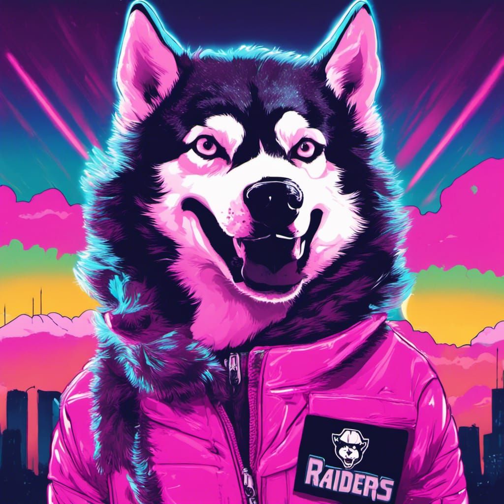 Husky Dog Supporting Raiders in Synthwave Art