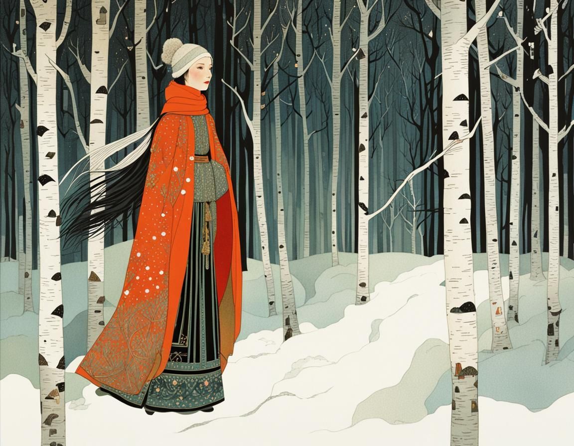 Girl in Winter Birch Forest with Intricate Detail