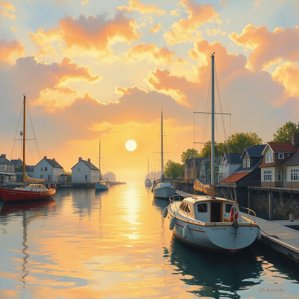 Impressionist painting. Serene sunrise scene with sailboats ...