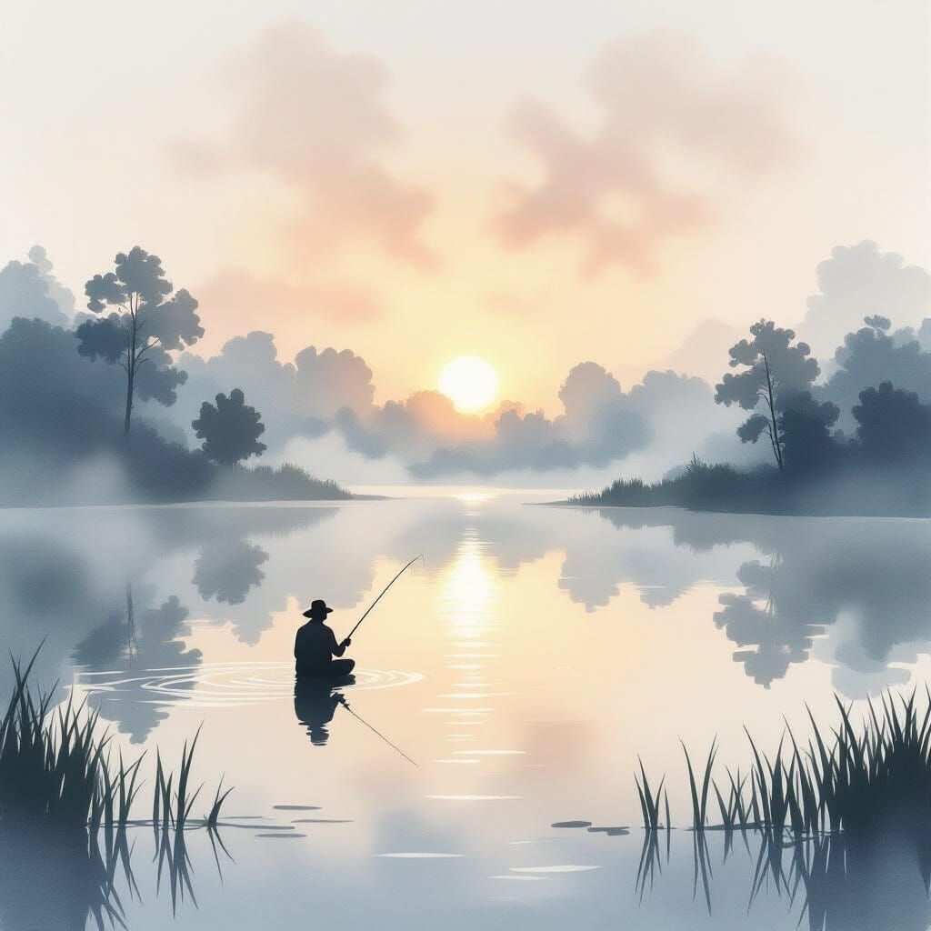 Misty Lake Dawn Fishing Scene in Watercolor Style