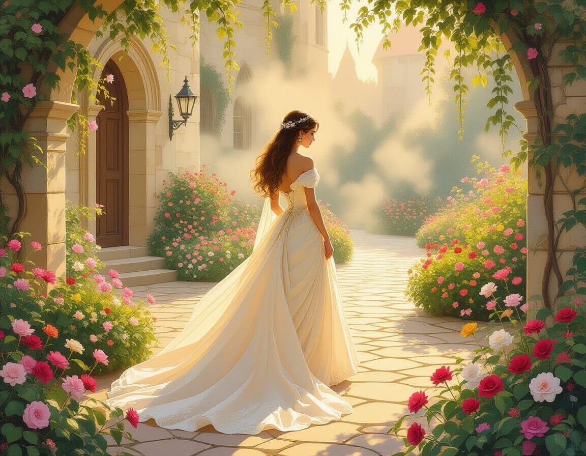 Princess in Misty Courtyard Art Nouveau Style