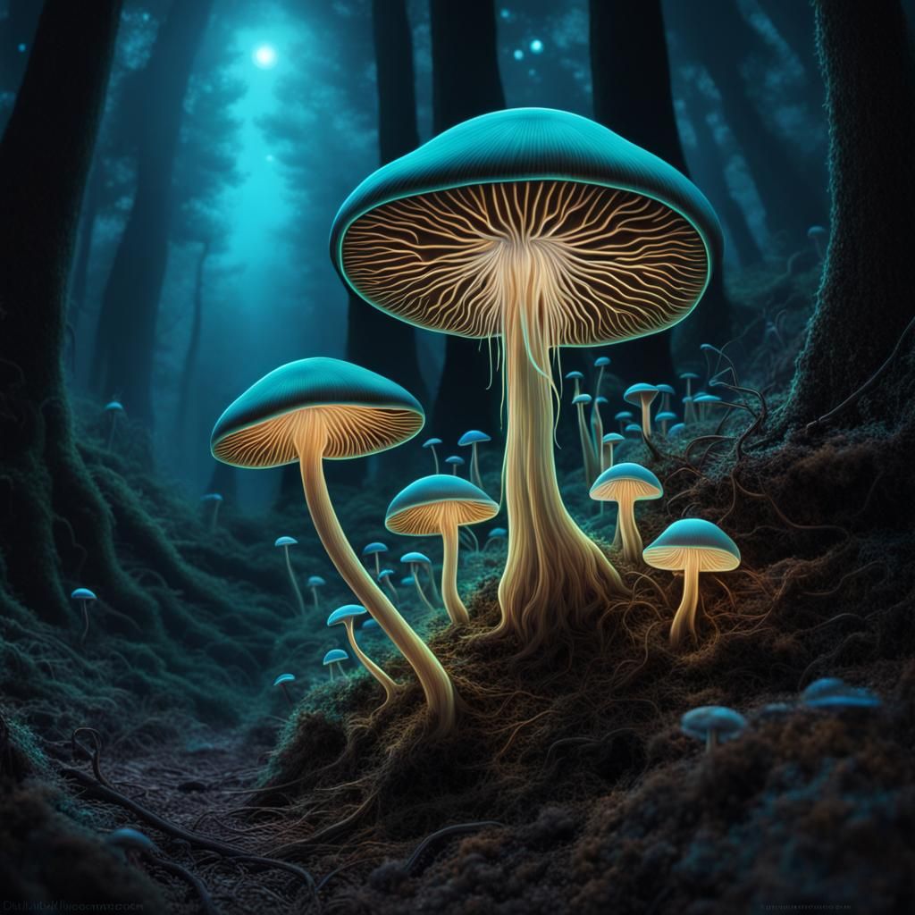 Bioluminescent Psilocybe Azurescens in Surreal Style