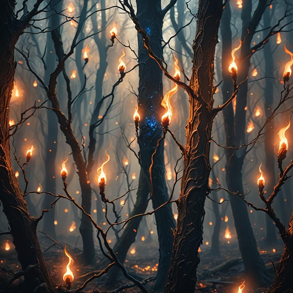 Mystical Forest Illuminated by a Lit Match