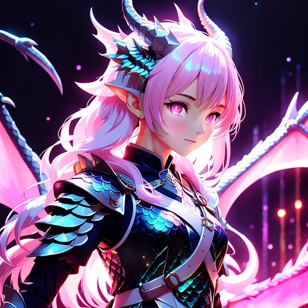 Pastel Anime Dragon-Girl with Shimmering Scales