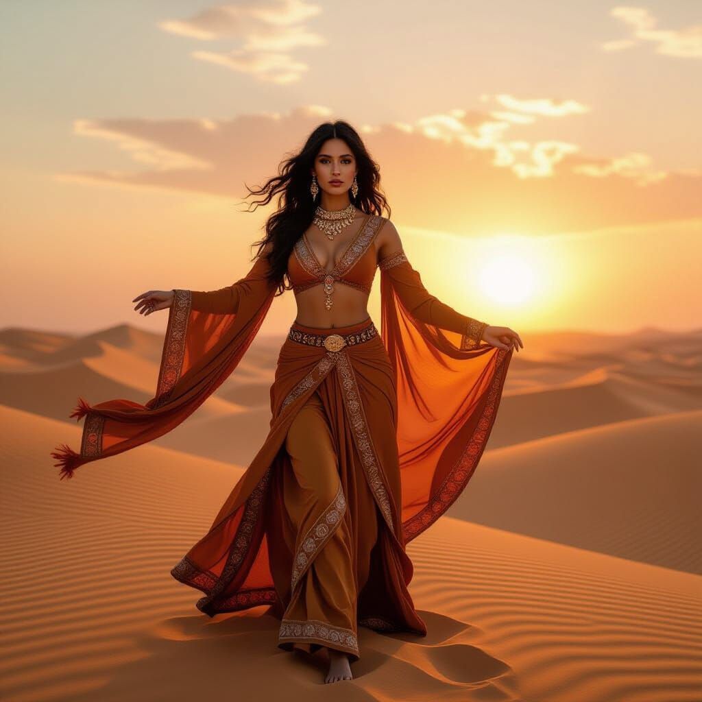 Desert Woman Dancing at Sunset in Oriental Style