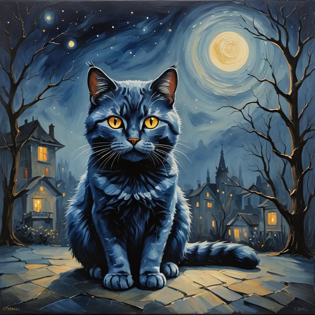 Blue Cat at Night as Oil Painting