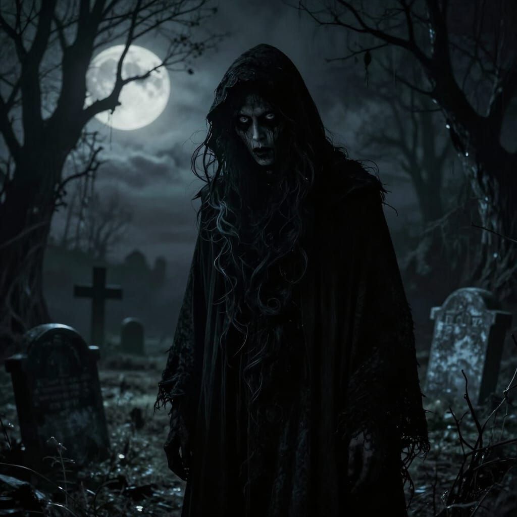 Gothic Horror Figure in Moonlit Graveyard